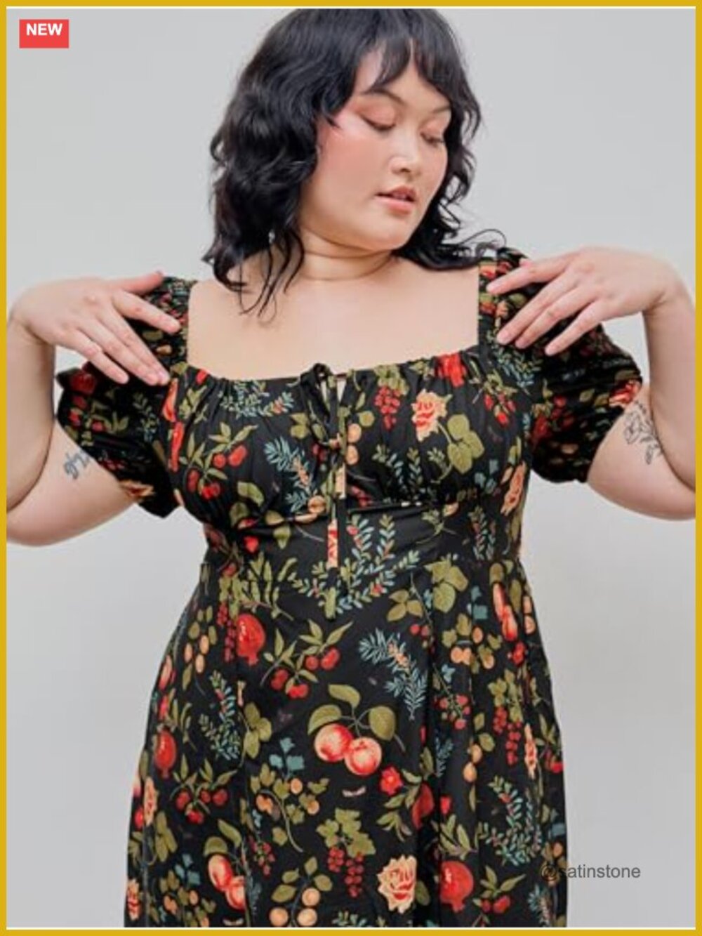 Plus Size Floral Fruit Puff Sleeve Midi Dress - Picture 3 of 7